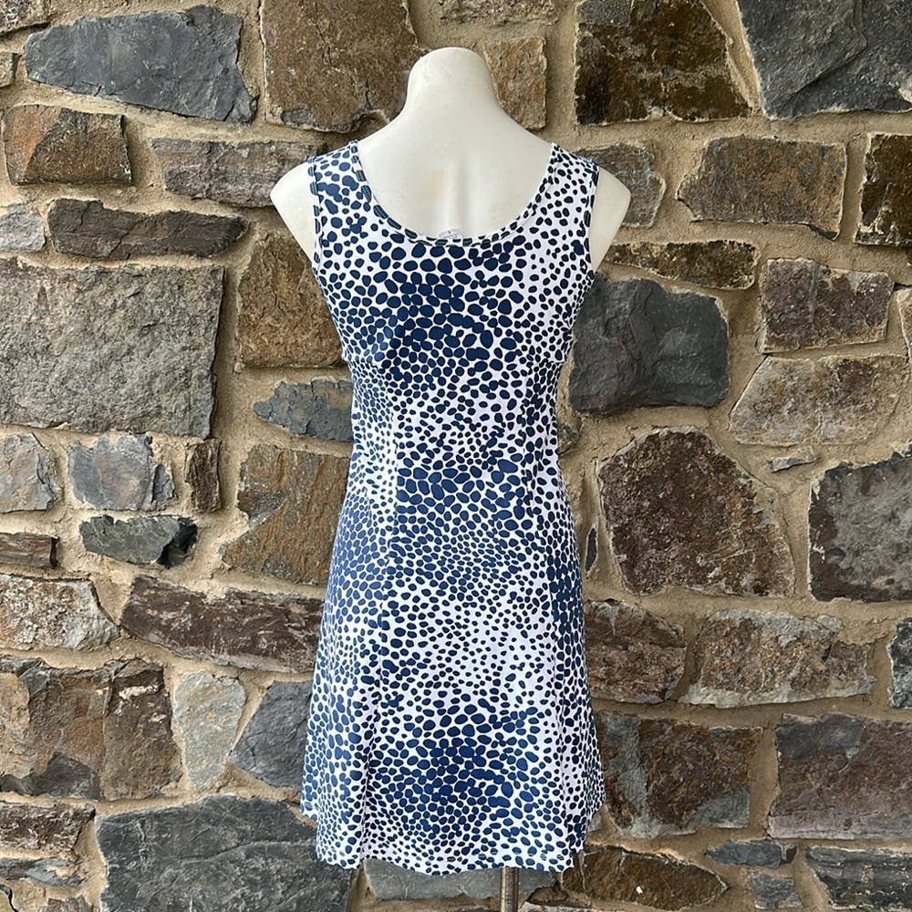 Mahi Gold Navy & White Polka Dot Sleeveless Fit & Flare Dress | Size S - Picture 6 of 8